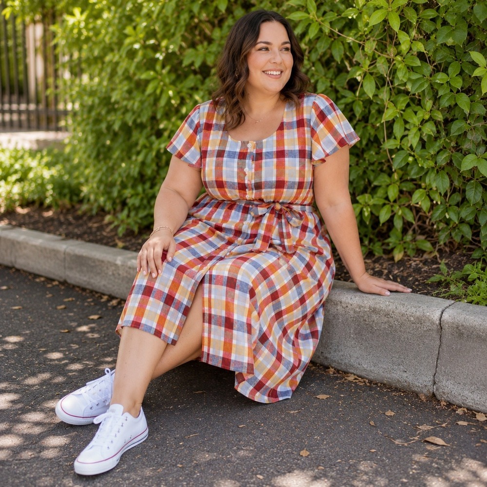 Lane Bryant Plaid Linen Blend Midi Dress Tie Waist Button Front NWT Size 18 - Picture 2 of 14